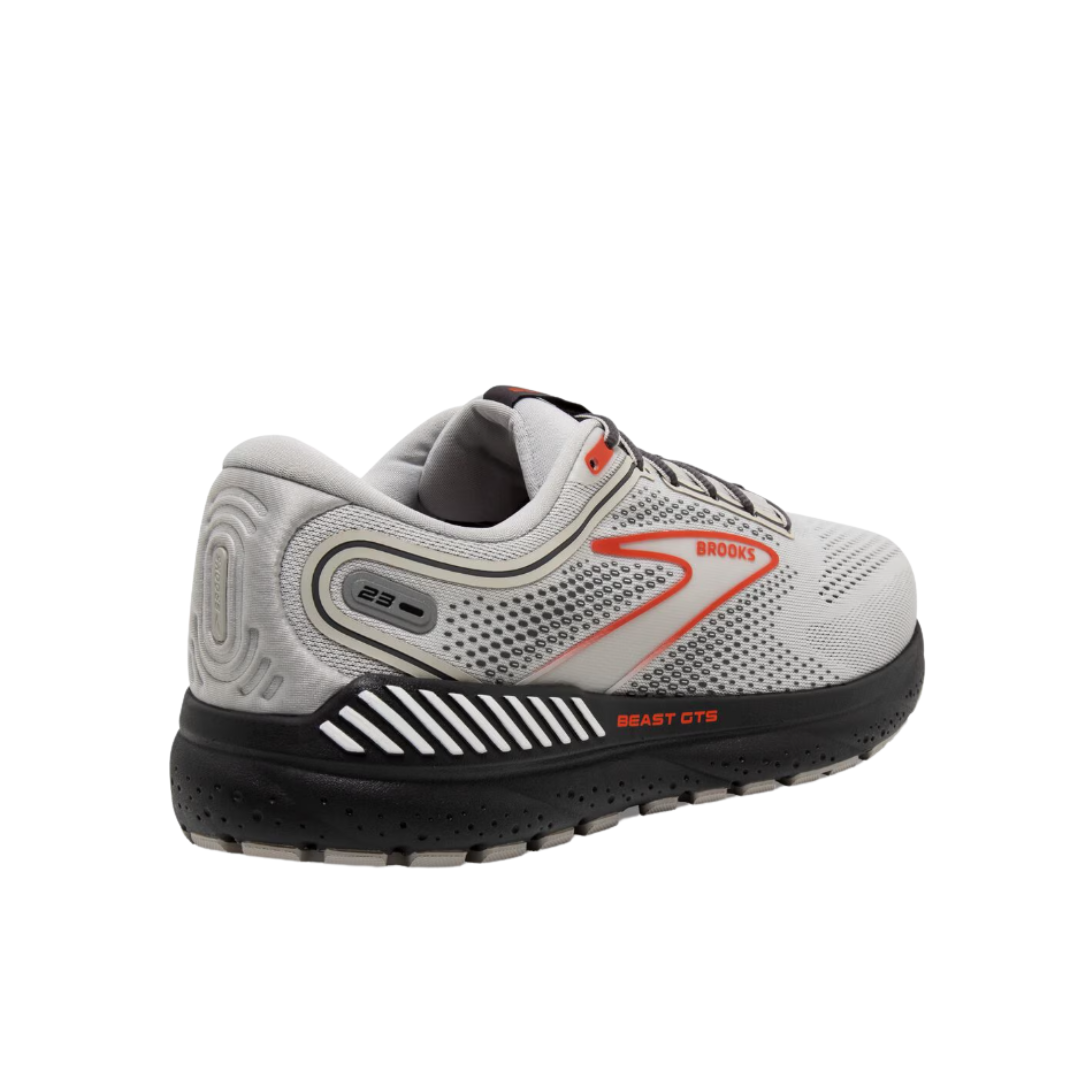 Side view of Men’s Brooks Beast GTS 23 in Grey/Scarlet/Ebony – featuring GuideRails® holistic support system for stability, DNA LOFT v3 cushioning for responsive comfort, and a sleek design for modern aesthetics.