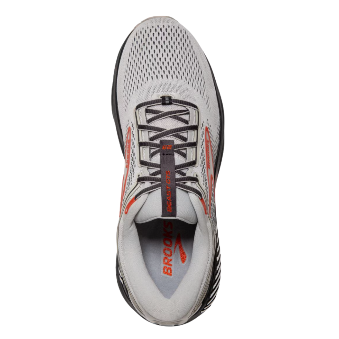 Top view of Men’s Brooks Beast GTS 23 in Grey/Scarlet/Ebony – featuring a breathable engineered mesh upper, traditional lace-up closure, and padded tongue for enhanced comfort.