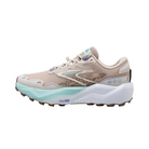 Side view of Women’s Brooks Caldera 7 trail running shoe in chateau and white sand – featuring nitrogen-infused DNA LOFT v3 cushioning for ultra-plush comfort, a widened base for stability on rugged terrain, and durable side overlays for foot protection.