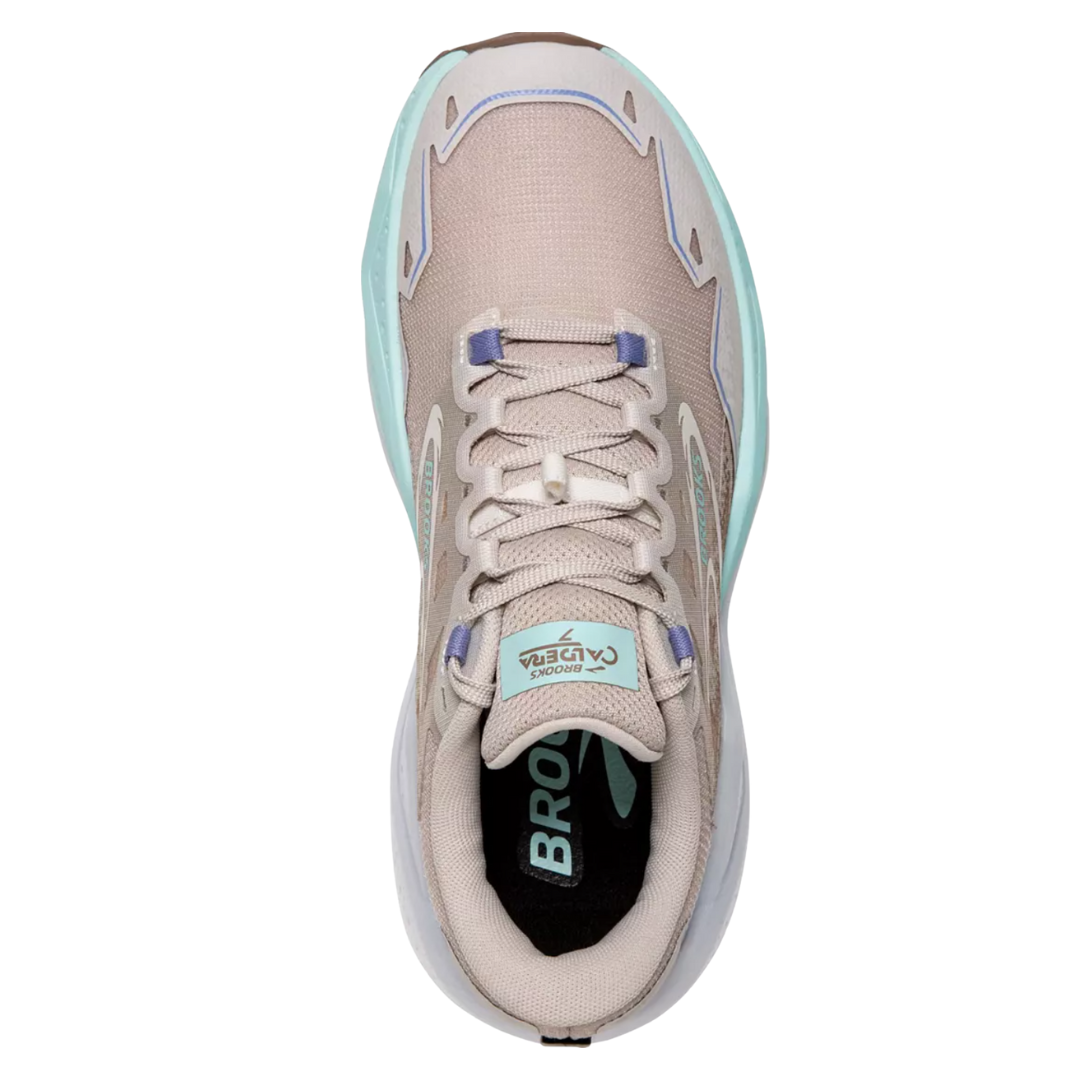 Top view of Women’s Brooks Caldera 7 trail running shoe in chateau and white sand – featuring a breathable and reinforced mesh upper, gusseted tongue for debris protection, and a secure lace-up system for locked-in comfort.