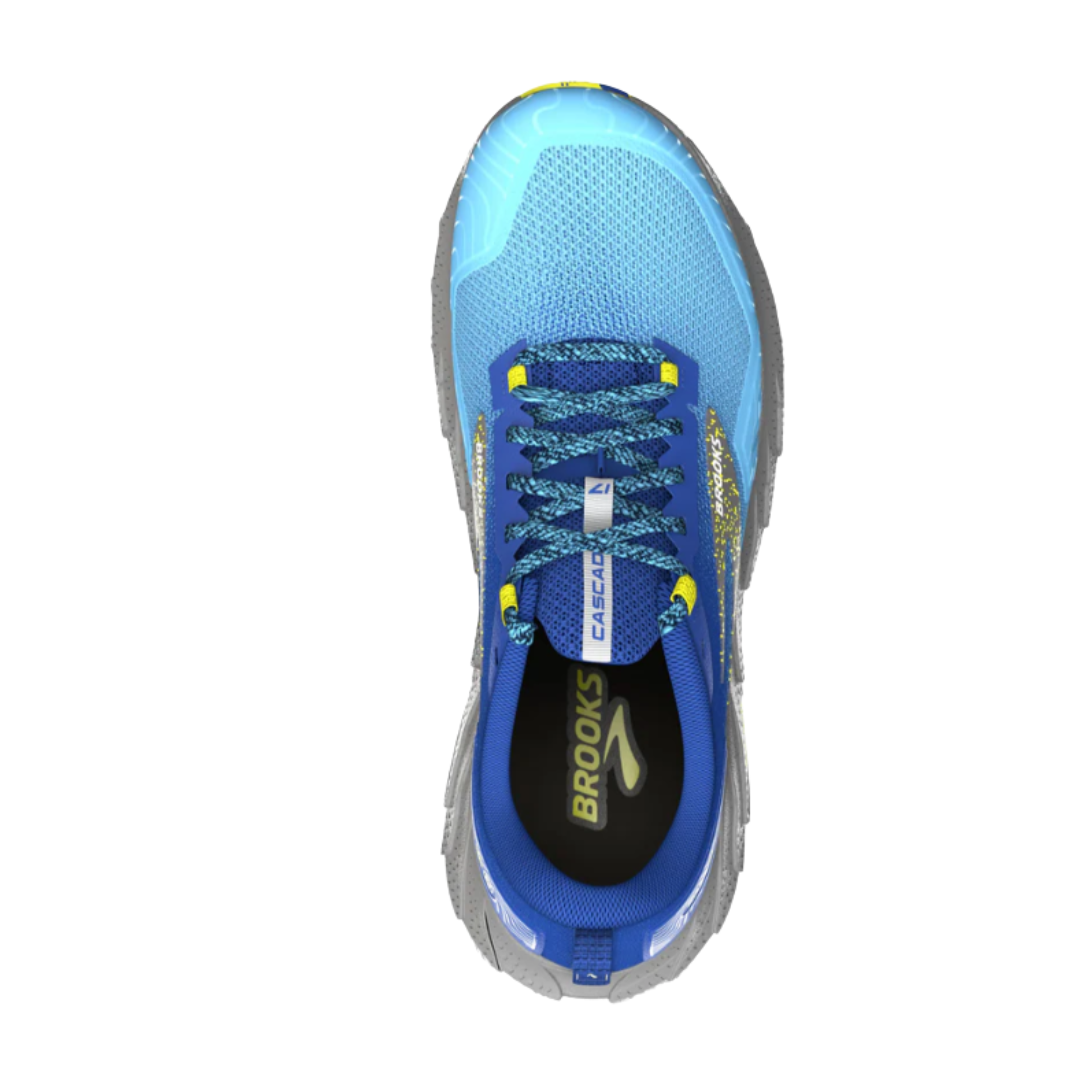 Top View of Men’s Brooks Cascadia 17 Trail Running Shoe in Blue/Surf the Web/Sulphur – Featuring a breathable mesh upper with protective overlays and a balanced design for stability on rugged terrain.