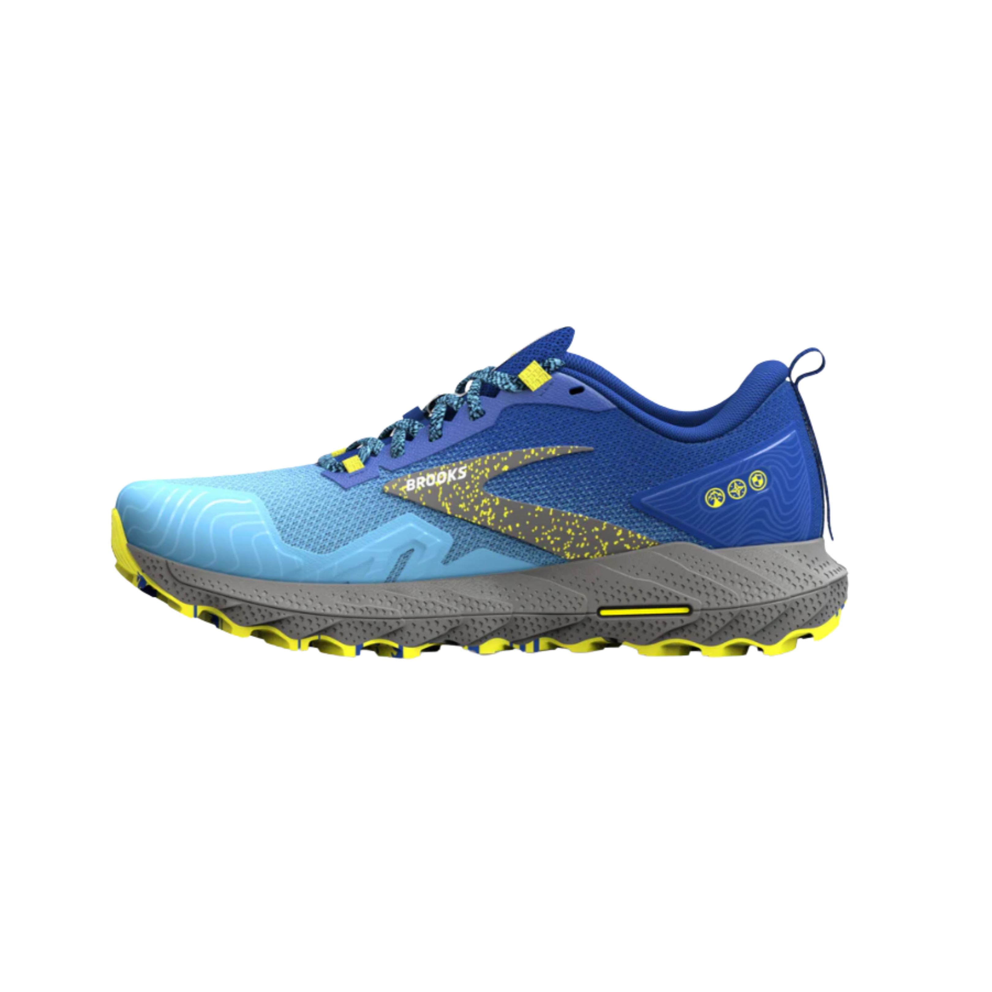 Side View of Men’s Brooks Cascadia 17 Trail Running Shoe in Blue/Surf the Web/Sulphur – Featuring a durable, trail-specific outsole with a multi-directional lug pattern, providing enhanced traction and grip.
