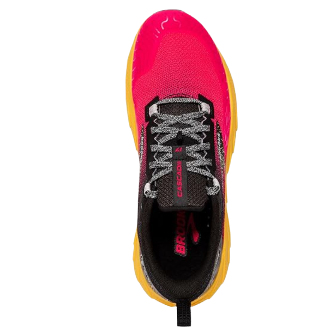 Top view of Women’s Brooks Cascadia 17 trail running shoe in Diva Pink/Black/Lemon Chrome – featuring a breathable mesh upper, traditional lace-up closure, and padded tongue for enhanced comfort.