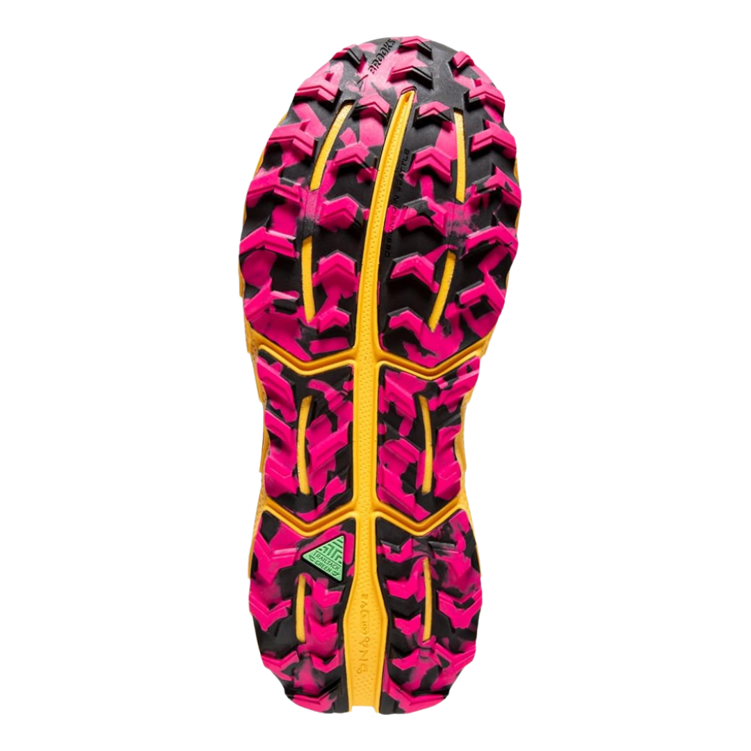 Bottom view of Women’s Brooks Cascadia 17 trail running shoe in Diva Pink/Black/Lemon Chrome – featuring a durable rubber outsole with multi-directional lugs for enhanced traction on varied terrains.