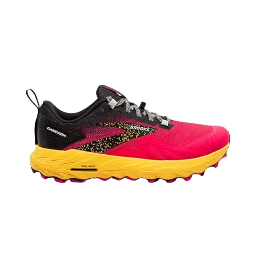 Side view of Women’s Brooks Cascadia 17 trail running shoe in Diva Pink/Black/Lemon Chrome – featuring Trail Adapt System for all-terrain stability, DNA LOFT v2 midsole for soft cushioning, and protective overlays for durability.