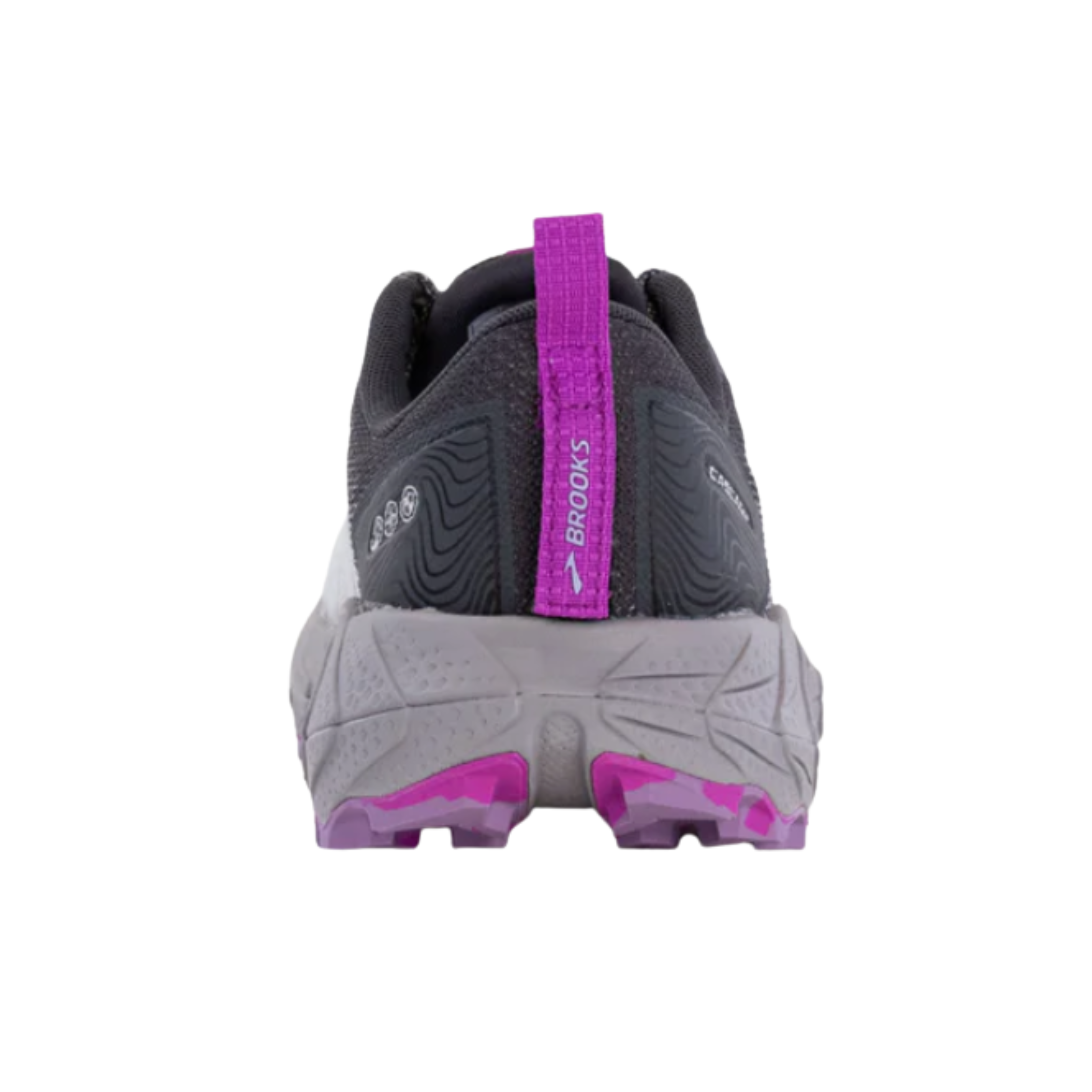 Back view of Brooks Cascadia 17 Women’s in Oyster/Blackened Pearl/Purple – Featuring a secure heel counter for stability, ensuring a firm fit and preventing unnecessary foot movement.