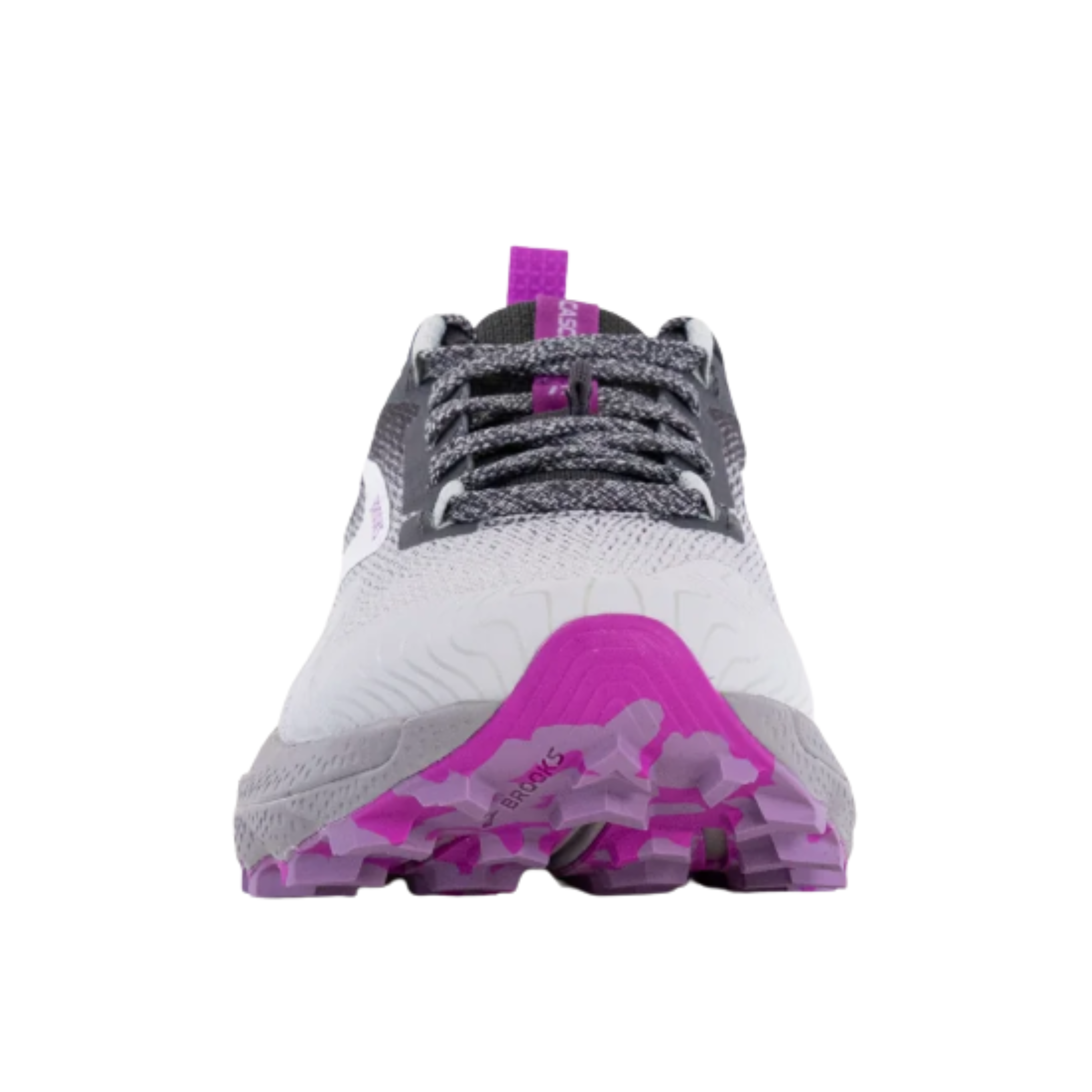 Front view of Brooks Cascadia 17 Women’s in Oyster/Blackened Pearl/Purple – Featuring a reinforced toe cap for added protection against trail debris, with a sleek and stylish design.