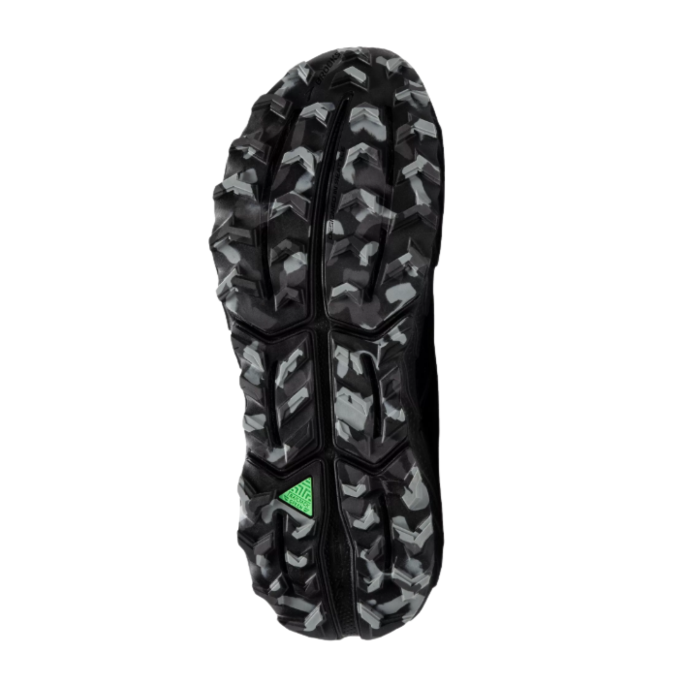 Bottom view of Men’s Brooks Cascadia 18 in Black/Blackened Pearl/Grey, featuring a rugged, lugged outsole designed for optimal grip on trail terrain, with flexible grooves for smooth and stable transitions.