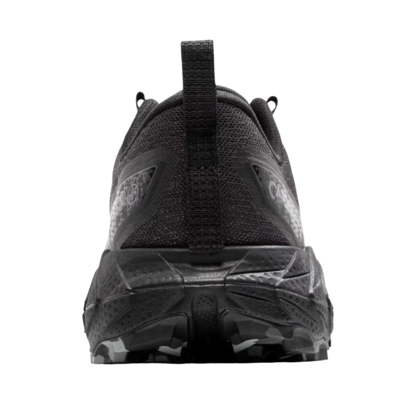 Back view of Men’s Brooks Cascadia 18 in Black/Blackened Pearl/Grey, featuring a padded heel collar for added comfort and midsole stability, ready to handle rough terrains with a secure fit and support.