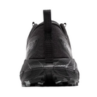 Back view of Men’s Brooks Cascadia 18 in Black/Blackened Pearl/Grey, featuring a padded heel collar for added comfort and midsole stability, ready to handle rough terrains with a secure fit and support.