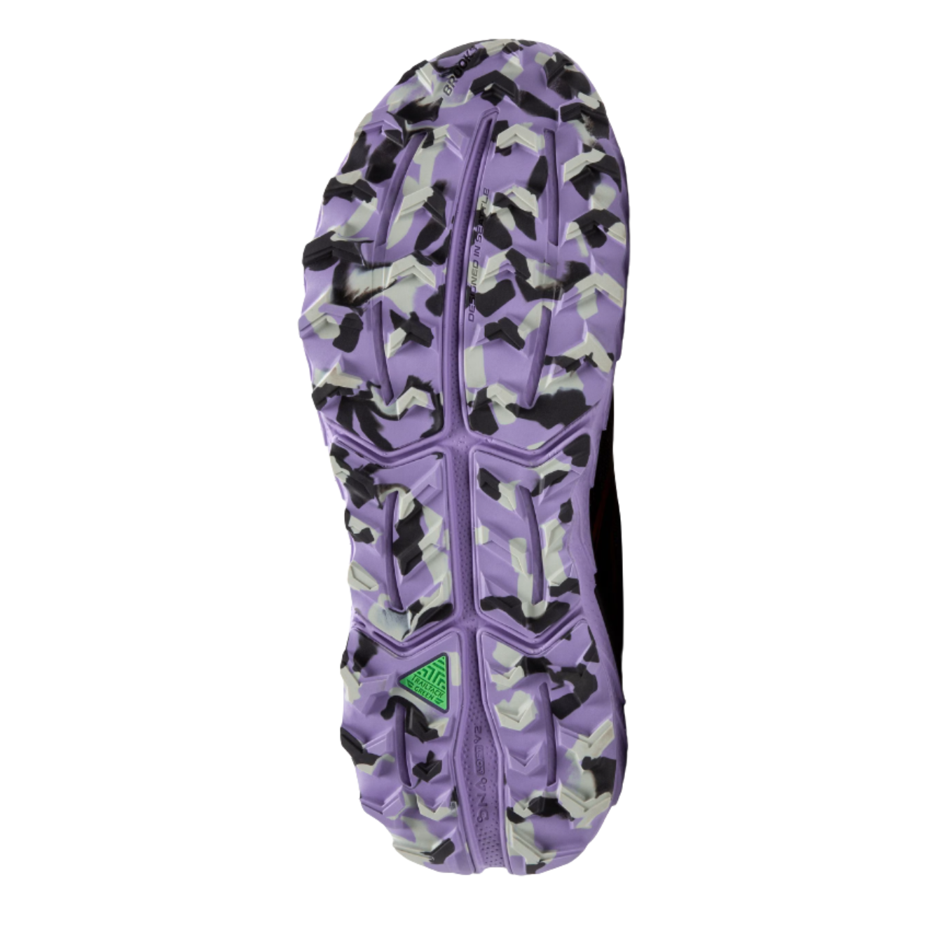Bottom view of Brooks Cascadia 18 in Ebony, Sweet Lavender, and Copper for women - featuring an aggressive tread pattern for optimal grip and traction on uneven surfaces.