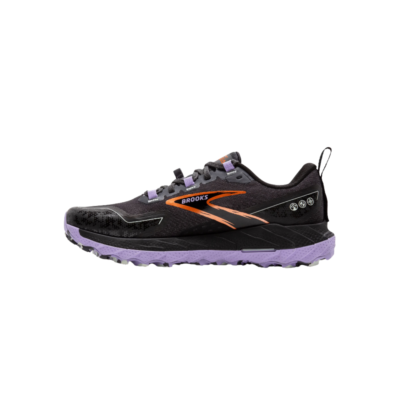 Side view of Brooks Cascadia 18 in Ebony, Sweet Lavender, and Copper for women - showcasing the durable, trail-ready design with a supportive midsole for comfort on rugged terrain.