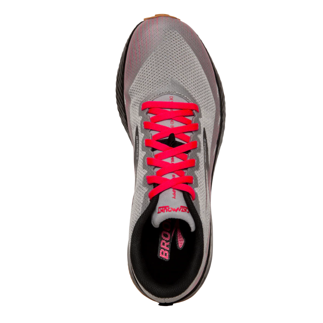 Top view of Women’s Brooks Catamount trail running shoe in Alloy/Pink/Black – featuring a DNA FLASH midsole for responsive cushioning, TrailTack rubber outsole for superior traction, and sleek design lines for a modern aesthetic.