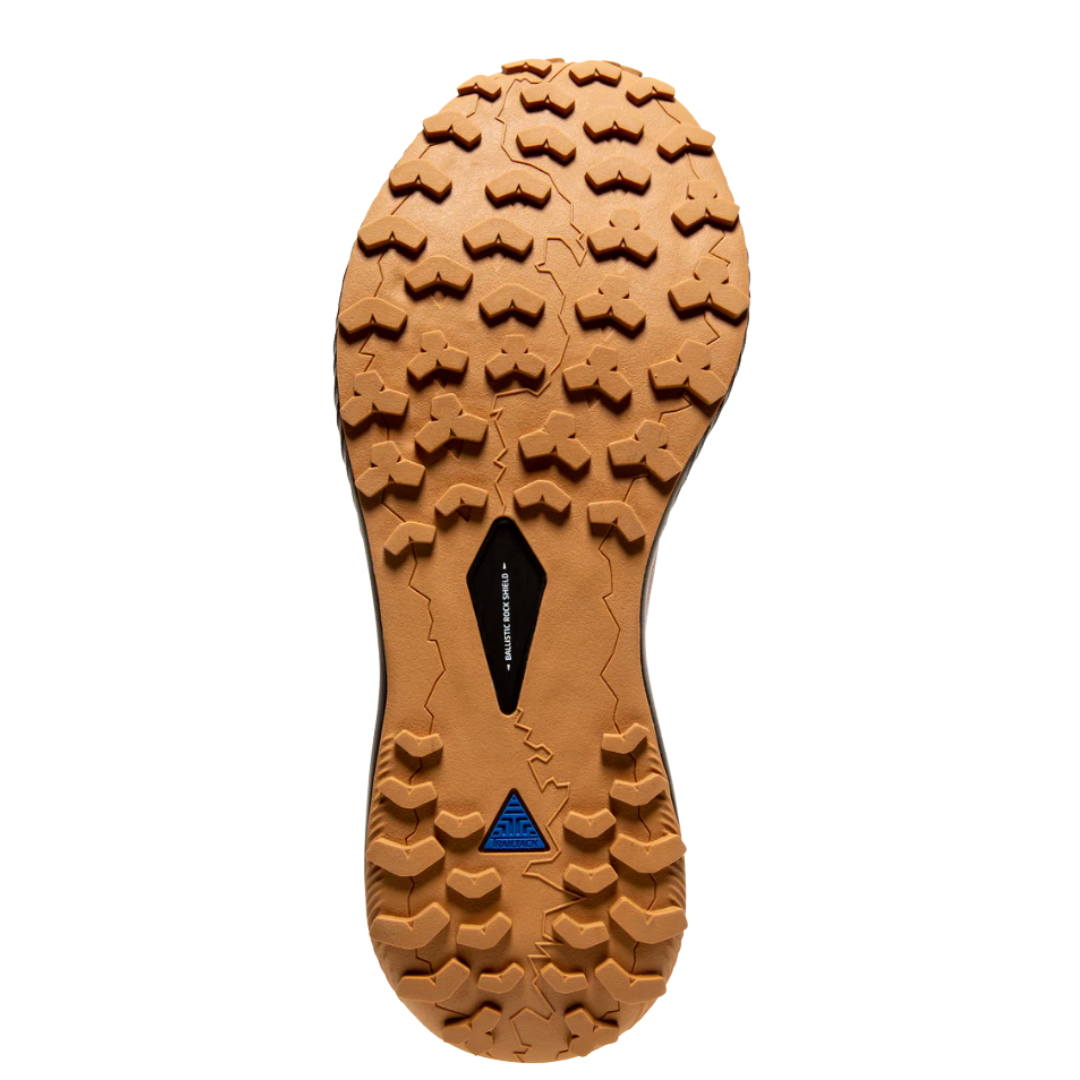 Bottom view of Women’s Brooks Catamount trail running shoe in Alloy/Pink/Black – featuring a TrailTack rubber outsole with multi-directional lugs for enhanced grip on varied terrains.