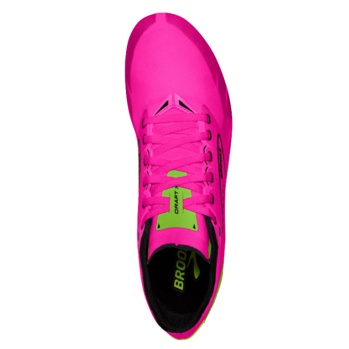 Top view of Brooks Draft XC Spike in Pink Glo/Green/Black - featuring a lightweight, breathable mesh upper designed for maximum ventilation during cross-country races.