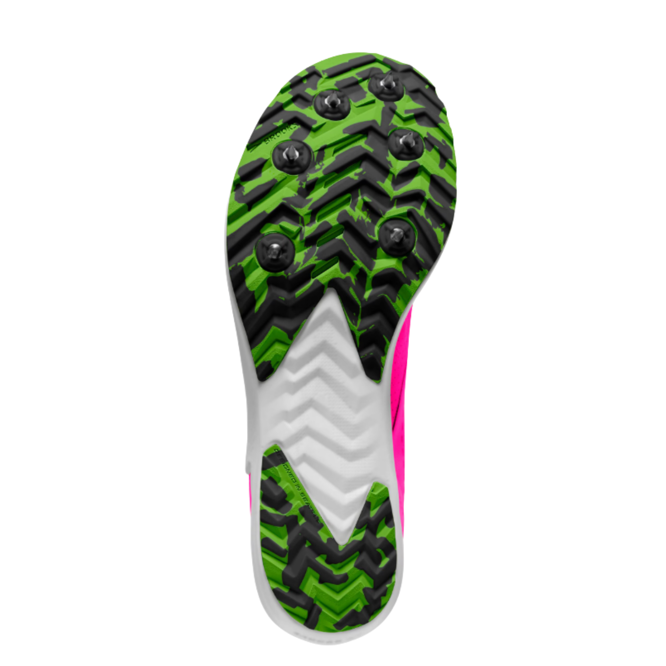Bottom view of Brooks Draft XC Spike in Pink Glo/Green/Black - featuring a durable rubber outsole that grips grass, dirt, and varied XC surfaces, ensuring a confident race performance.