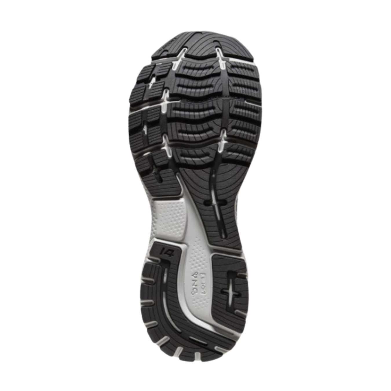 Bottom view of Men’s Brooks Ghost 14 in Grey/Alloy/Oyster – displaying the durable rubber outsole with segmented crash pad for superior traction, stability, and support on multiple surfaces.