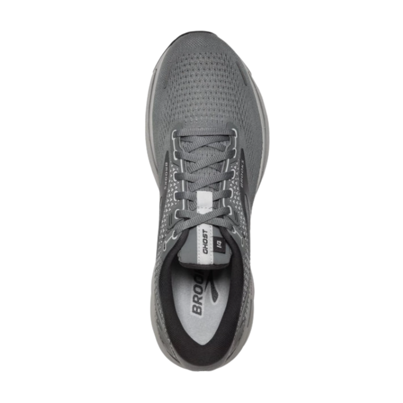 Top view of Men’s Brooks Ghost 14 in Grey/Alloy/Oyster – featuring a breathable engineered mesh upper, with DNA LOFT midsole cushioning providing a soft, responsive feel for optimal comfort during runs or walks.