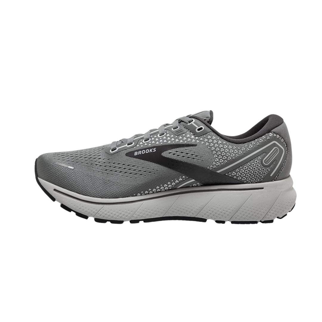 Side view of Men’s Brooks Ghost 14 in Grey/Alloy/Oyster – featuring full-length DNA LOFT cushioning for a soft, smooth ride, and a sleek design for modern aesthetics.