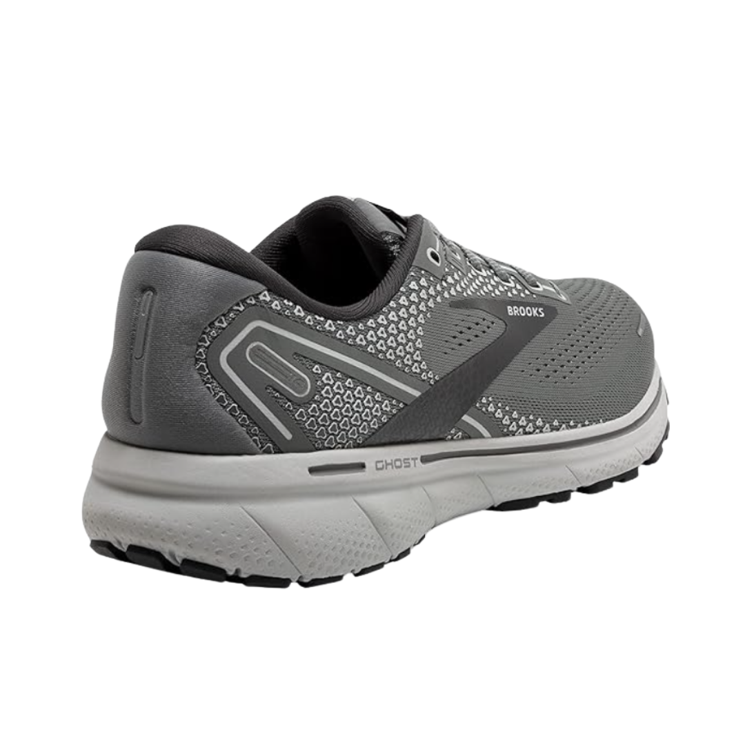 Angled view of Men’s Brooks Ghost 14 in Grey/Alloy/Oyster – featuring lightweight construction, supportive cushioning, and durable outsole suitable for running activities.