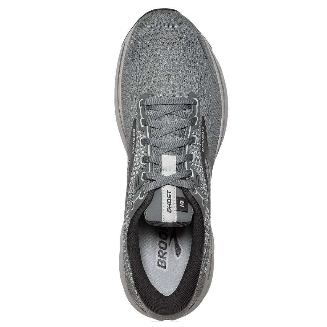 Top view of Men’s Brooks Ghost 14 in Grey/Alloy/Oyster – featuring a breathable engineered mesh upper, traditional lace-up closure, and padded tongue for enhanced comfort.