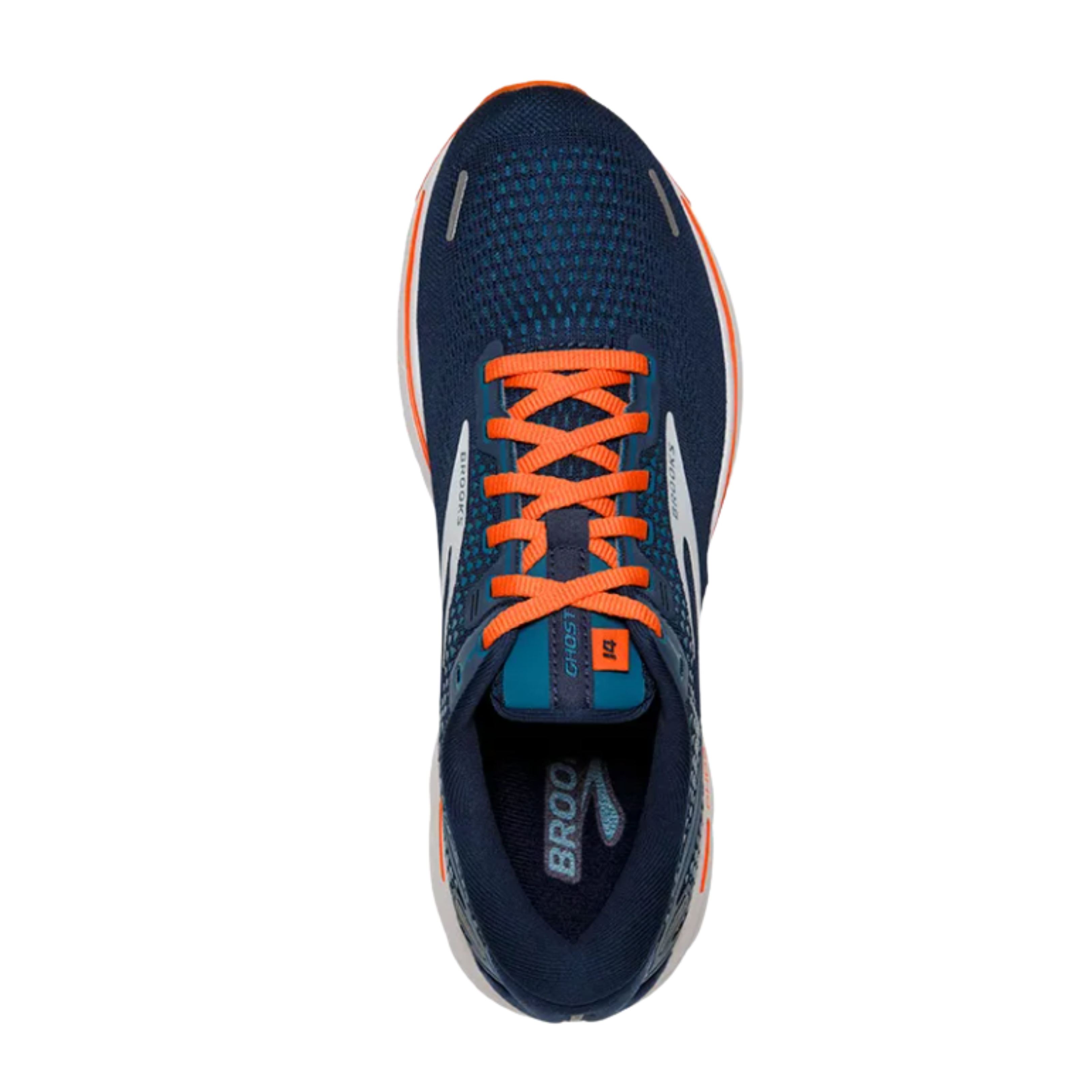 Top View of Men’s Brooks Ghost 14 Running Shoe in Titan/Teal/Flame – Featuring a breathable engineered mesh upper, padded tongue, and roomy toe box for enhanced comfort.