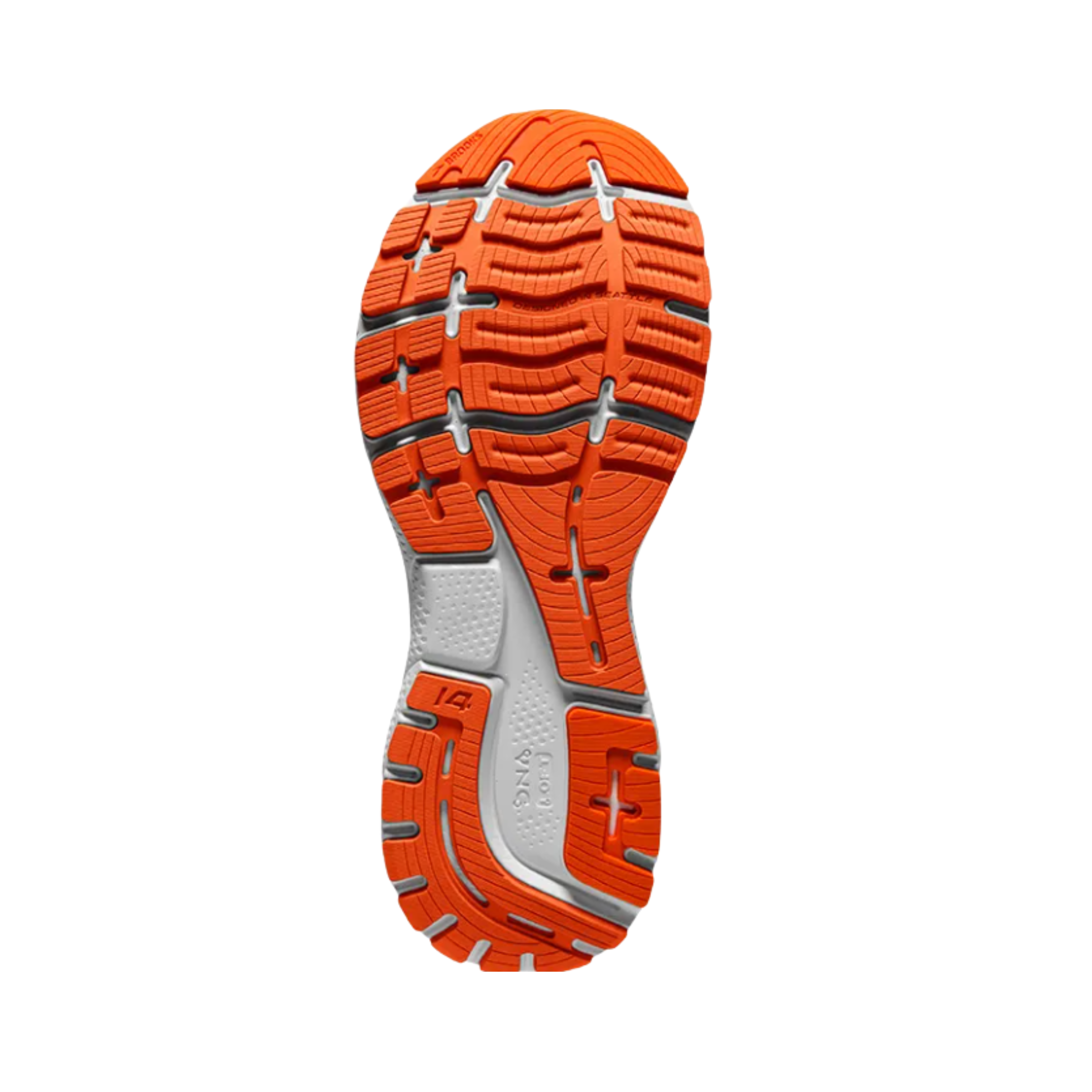 Bottom View of Men’s Brooks Ghost 14 Running Shoe in Titan/Teal/Flame – Featuring a segmented crash pad outsole for smooth heel-to-toe transitions, durable rubber tread, and flexible grooves for better grip.