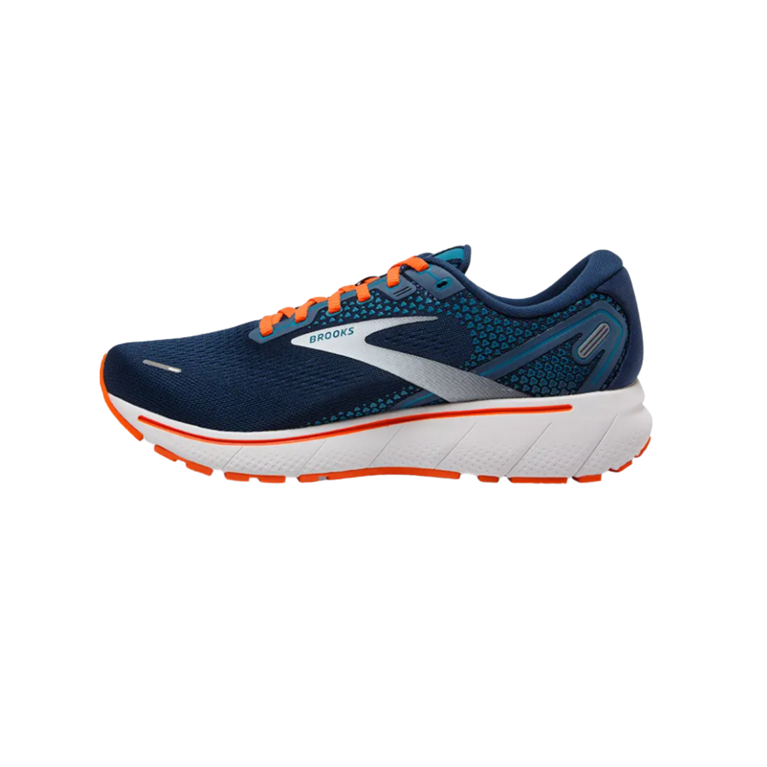 Side View of Men’s Brooks Ghost 14 Running Shoe in Titan/Teal/Flame – Featuring DNA LOFT cushioning, streamlined silhouette, and neutral support ideal for everyday running.