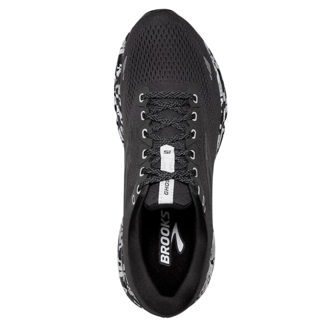 Top View of Men’s Brooks Ghost 15 running shoe in ebony black oyster – featuring a breathable engineered mesh upper, padded collar and tongue for comfort, and lace-up closure for a secure, adaptive fit.