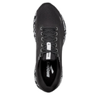 Top View of Men’s Brooks Ghost 15 running shoe in ebony black oyster – featuring a breathable engineered mesh upper, padded collar and tongue for comfort, and lace-up closure for a secure, adaptive fit.