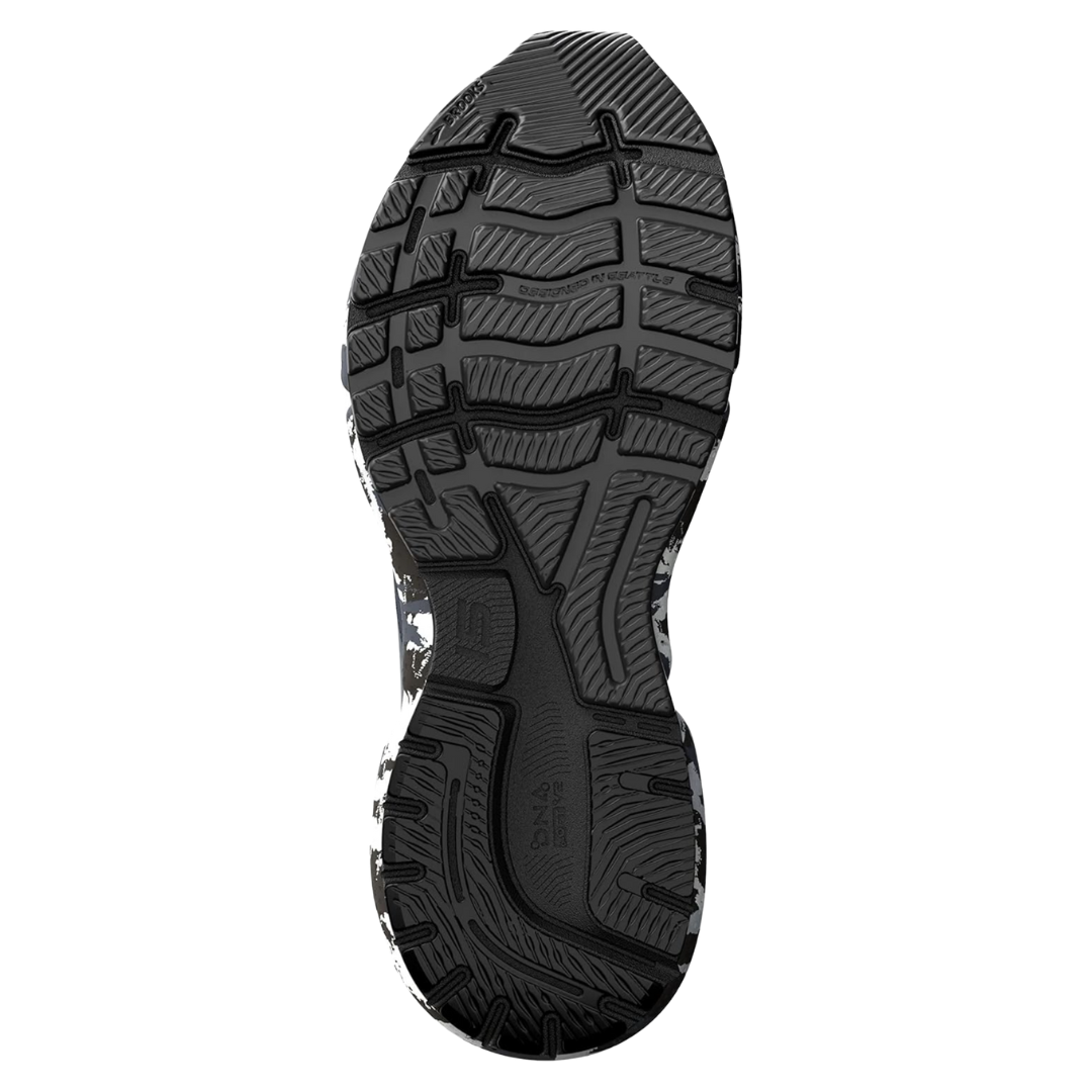 Bottom View of Men’s Brooks Ghost 15 running shoe in ebony black oyster – featuring a durable rubber outsole with segmented crash pad, flex grooves for smooth heel-to-toe transitions, and reliable tread for stable traction.