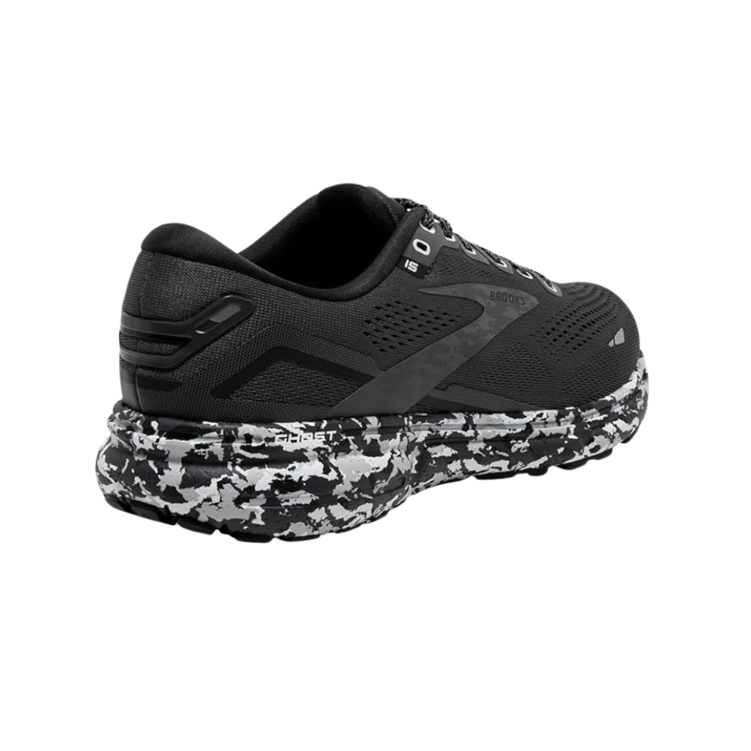 Angled View of Men’s Brooks Ghost 15 running shoe in ebony black oyster – featuring a breathable engineered mesh upper, DNA LOFT v2 cushioning for a soft, smooth ride, and durable rubber outsole for stable performance.