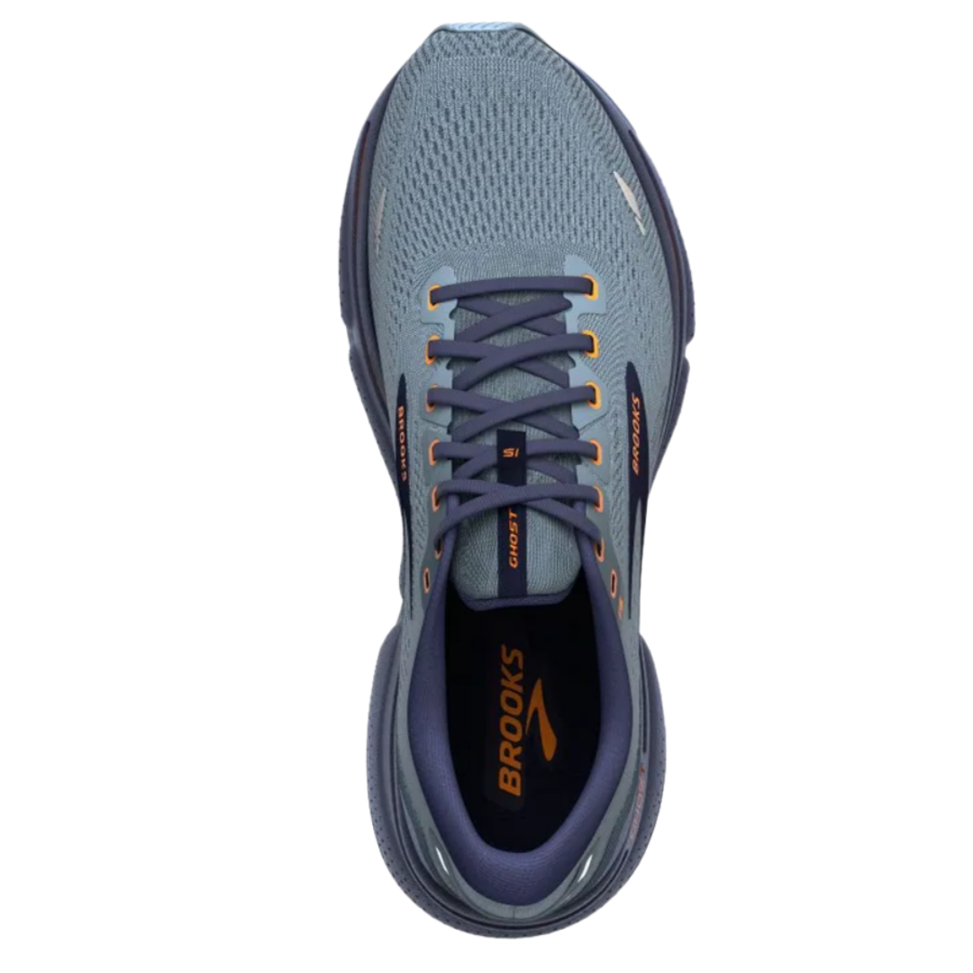 Top view of Men’s Brooks Ghost 15 running shoe in flintstone and peacoat – featuring engineered mesh upper for breathability, padded tongue, and secure lace-up closure for a comfortable fit.