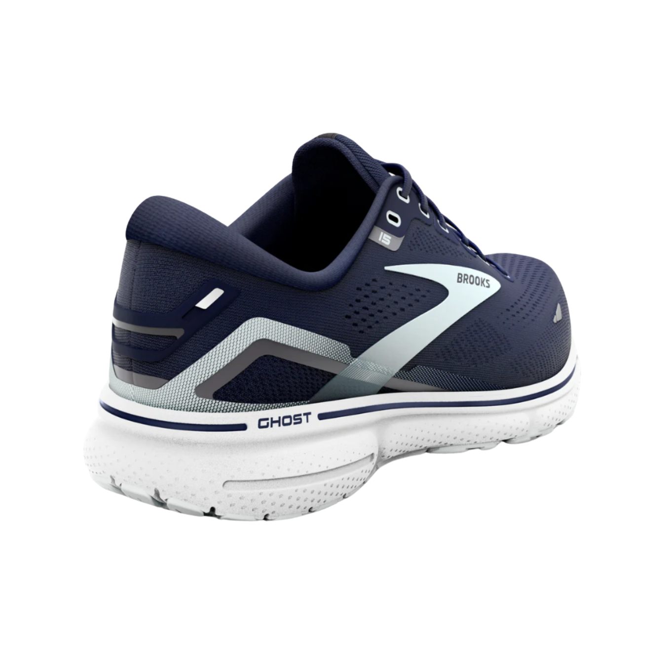 Angled View of Women’s Brooks Ghost 15 in peacoat/pearl/salt air – featuring a lightweight, breathable upper, responsive midsole, and a stylish yet functional design for runners and walkers.