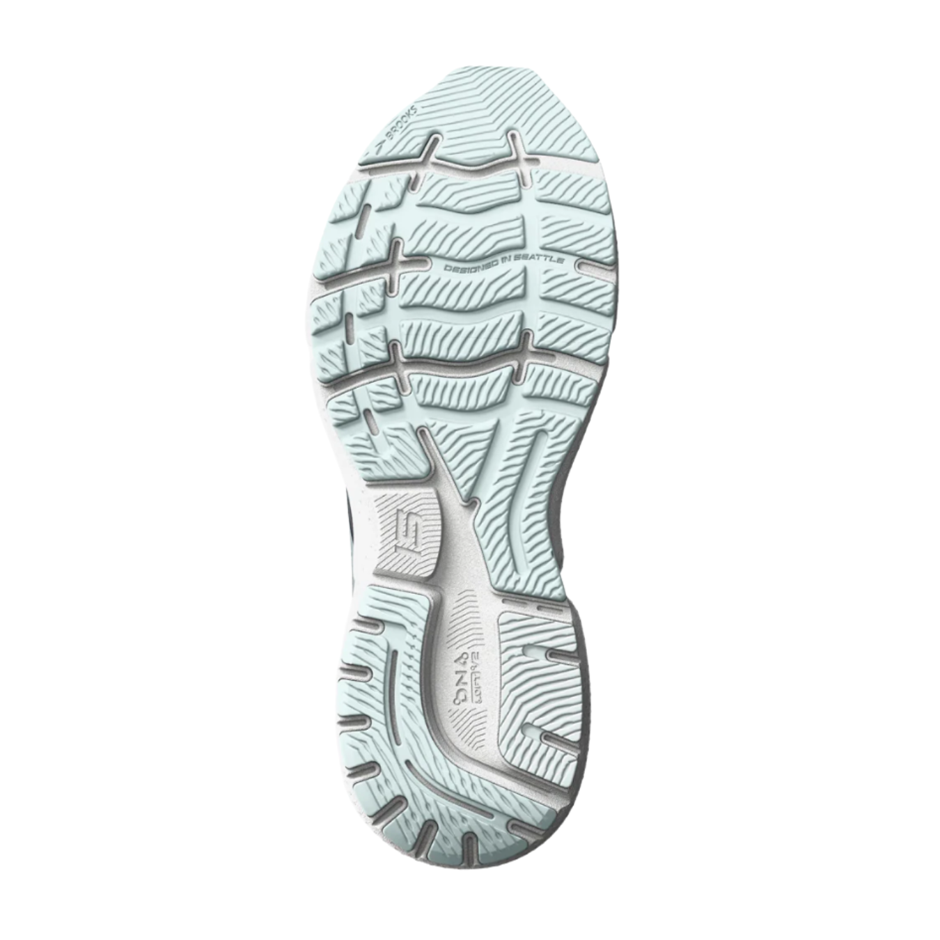 Bottom View of Women’s Brooks Ghost 15 in peacoat/pearl/salt air – featuring a durable outsole with segmented crash pads for added support and a responsive feel.