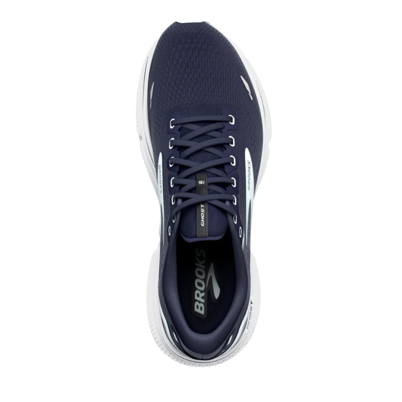 Top View of Women’s Brooks Ghost 15 in peacoat/pearl/salt air – featuring a breathable upper, cushioned insole, and secure lace-up closure for a snug, comfortable fit.