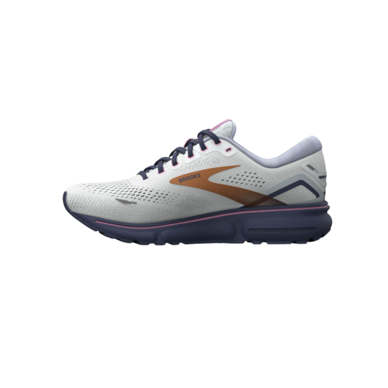 Side View of Women’s Brooks Ghost 15 in spa blue/neo pink/copper – showcasing the segmented crash pad for fluid heel-to-toe transitions, the neutral support design, and lightweight cushioning for all-day comfort.