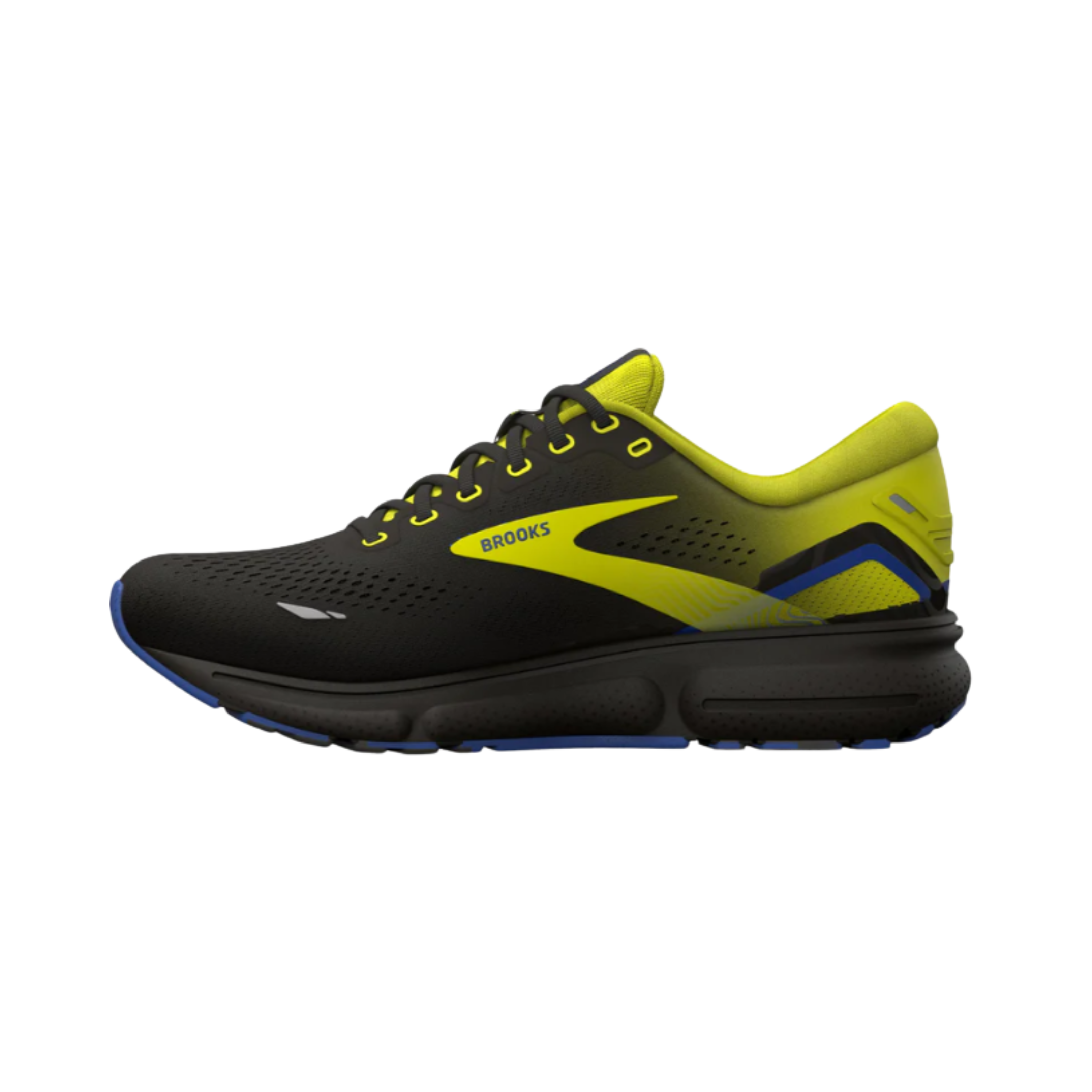 Side View of Men’s Brooks Ghost 15 in Black/Blue/Nightlife – Featuring DNA LOFT cushioning that ensures a plush, soft ride with responsive energy return for a smooth and efficient stride.