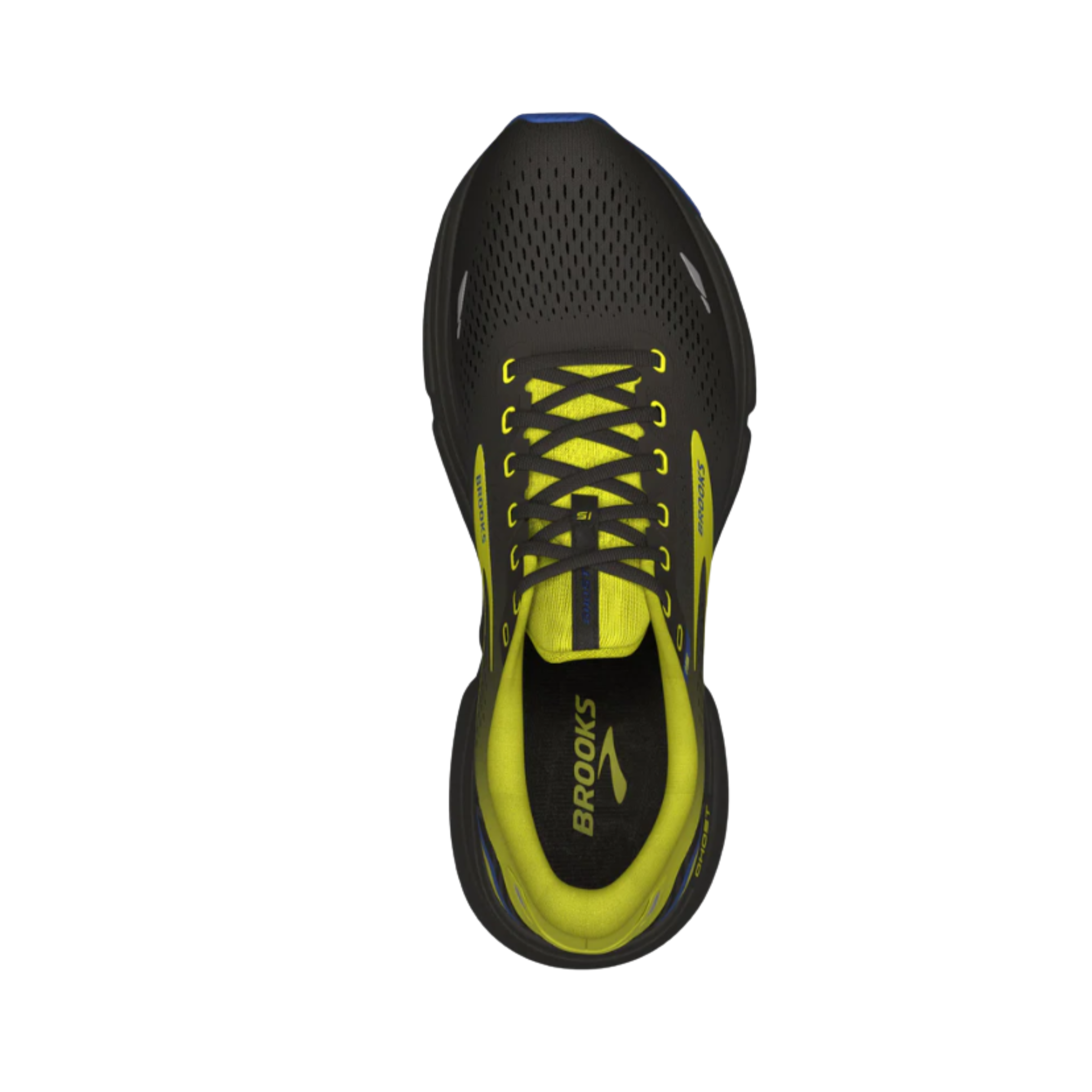 Top View of Men’s Brooks Ghost 15 in Black/Blue/Nightlife – Featuring a breathable mesh upper that provides optimal airflow to keep your feet cool and comfortable during runs.