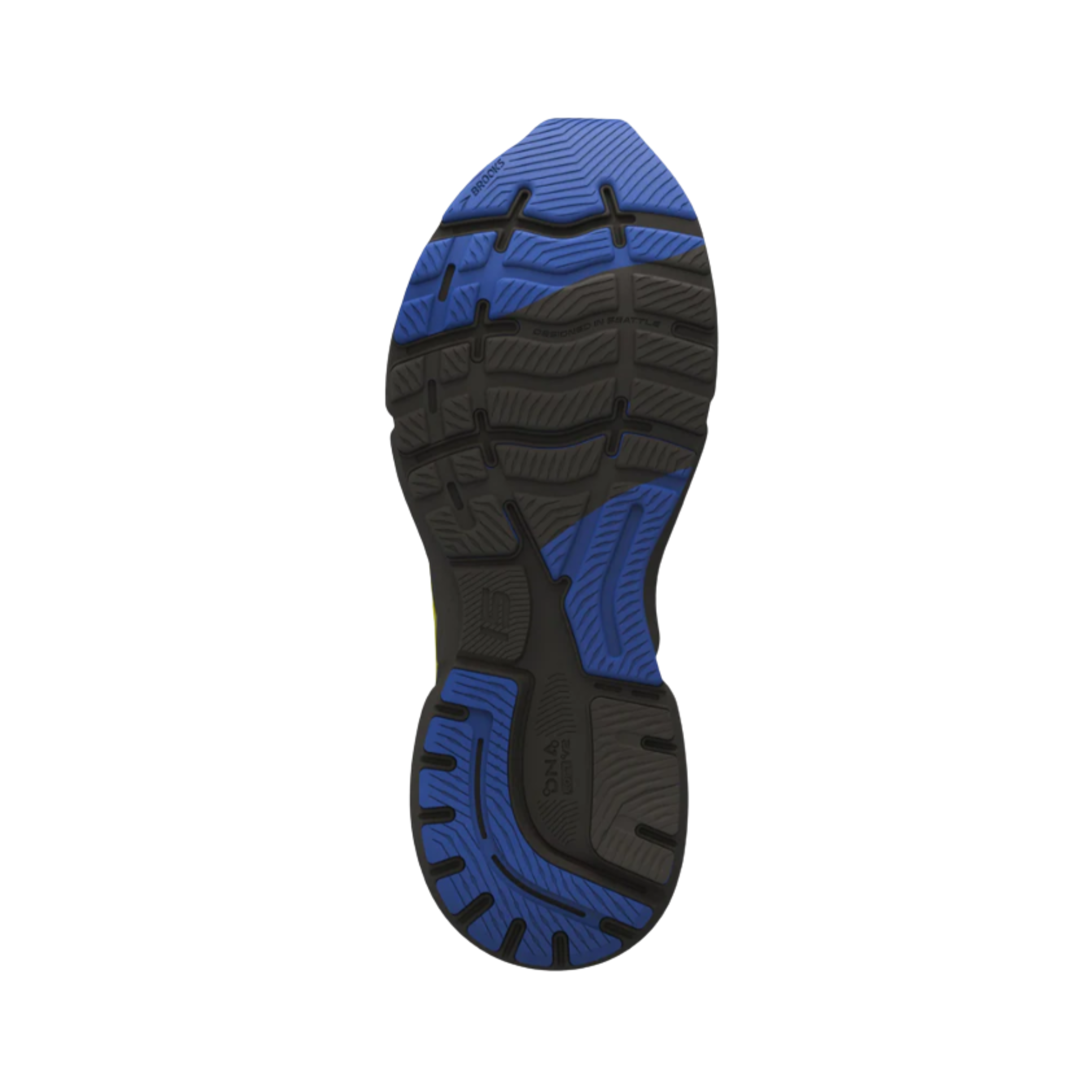 Bottom View of Men’s Brooks Ghost 15 in Black/Blue/Nightlife – Featuring a durable rubber outsole with strategic traction patterns, providing stability and smooth transitions from heel to toe.