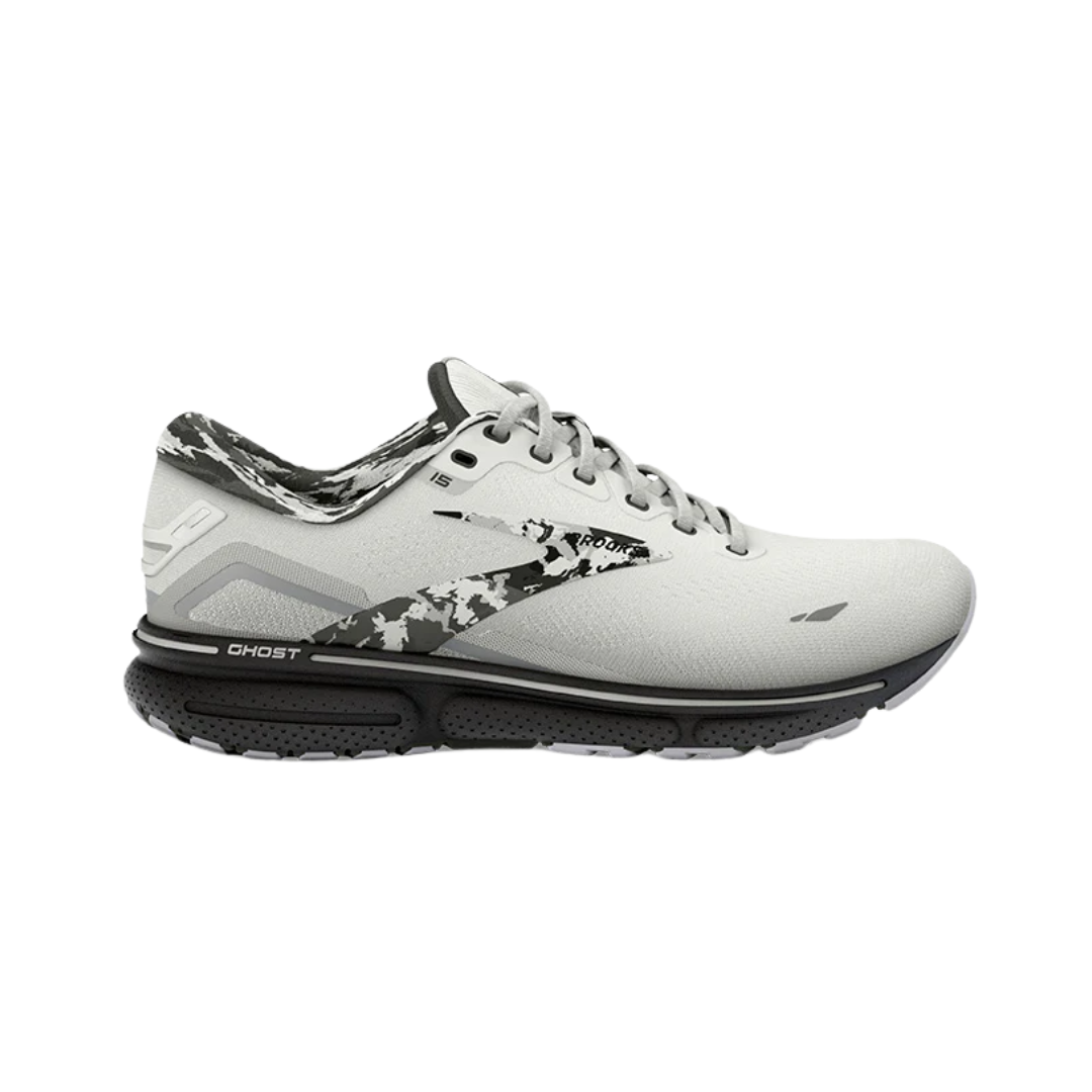 Side view of Women’s Brooks Ghost 15 running shoe in white, ebony, and oyster – featuring engineered mesh upper for breathability, DNA LOFT cushioning for a soft, smooth ride, and 3D Fit Print overlays for secure support.