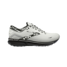 Side view of Women’s Brooks Ghost 15 running shoe in white, ebony, and oyster – featuring engineered mesh upper for breathability, DNA LOFT cushioning for a soft, smooth ride, and 3D Fit Print overlays for secure support.