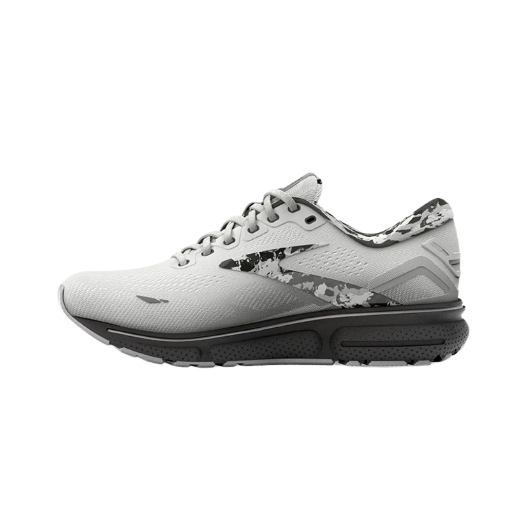 Side view of Women’s Brooks Ghost 15 running shoe in white, ebony, and oyster – featuring engineered mesh upper for breathability, DNA LOFT cushioning for a soft, smooth ride, and 3D Fit Print overlays for secure support.
