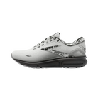 Side view of Women’s Brooks Ghost 15 running shoe in white, ebony, and oyster – featuring engineered mesh upper for breathability, DNA LOFT cushioning for a soft, smooth ride, and 3D Fit Print overlays for secure support.