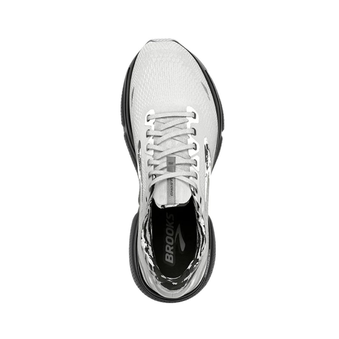 Top view of Women’s Brooks Ghost 15 running shoe in white, ebony, and oyster – featuring padded tongue and collar for comfort, moisture-wicking lining to keep feet dry, and traditional lace-up closure for secure fit.