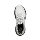 Top view of Women’s Brooks Ghost 15 running shoe in white, ebony, and oyster – featuring padded tongue and collar for comfort, moisture-wicking lining to keep feet dry, and traditional lace-up closure for secure fit.