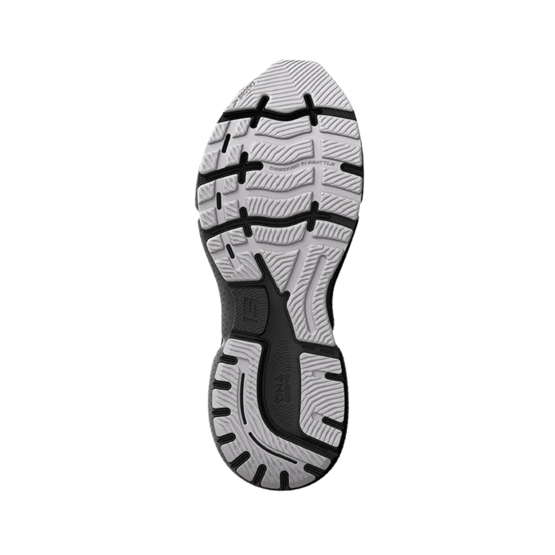 Back view of Women’s Brooks Ghost 15 running shoe in white, ebony, and oyster – featuring molded heel counter for rearfoot stability, pull tab for easy on and off, and subtle branding details.