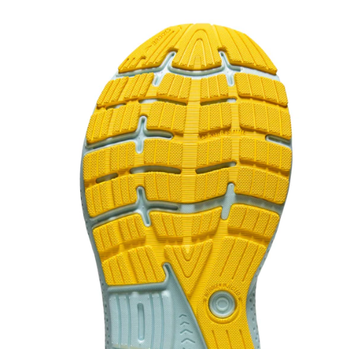 Bottom View of Men’s Brooks Ghost 16 in Black/Forged Iron/Blue – Featuring a durable rubber outsole with an updated segmented crash pad for smooth transitions from heel to toe.