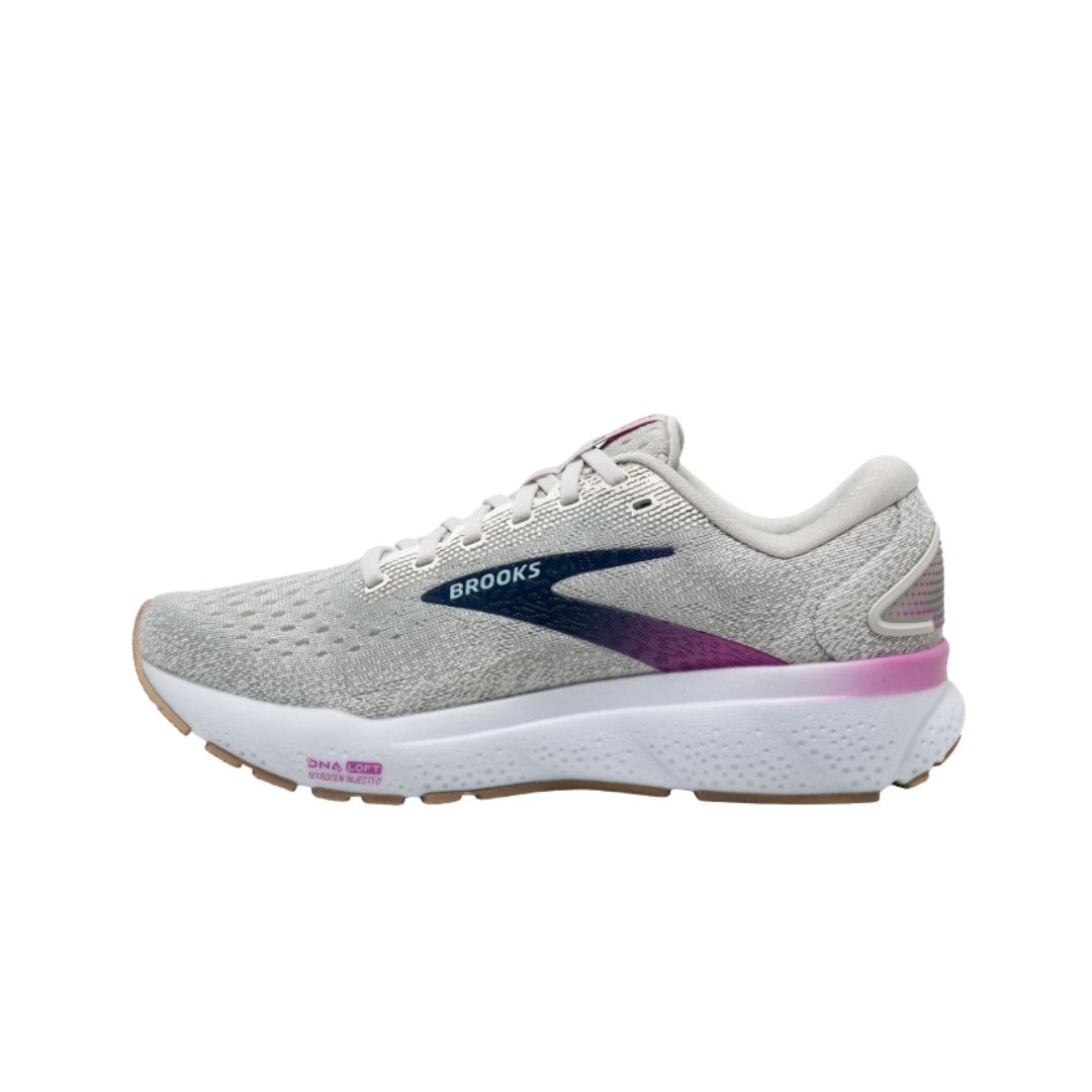 Side View of Women’s Brooks Ghost 16 running shoe in white grey estate blue – featuring a breathable engineered mesh upper, DNA LOFT v3 cushioning for soft responsiveness, and durable rubber outsole for smooth, stable transitions.