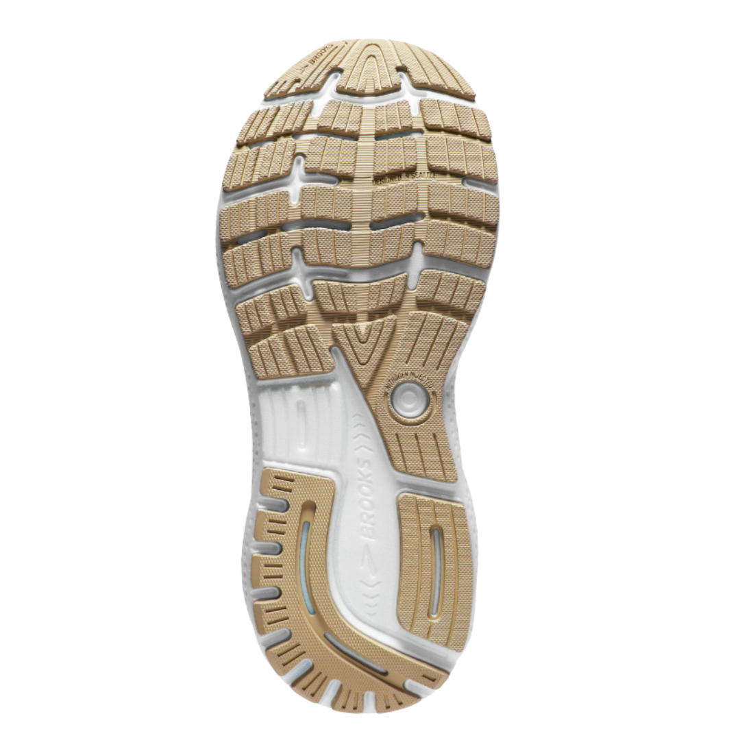 Bottom View of Women’s Brooks Ghost 16 running shoe in white grey estate blue – featuring a durable rubber outsole with flex grooves, segmented crash pad for smooth transitions, and tread pattern for reliable grip and stability.